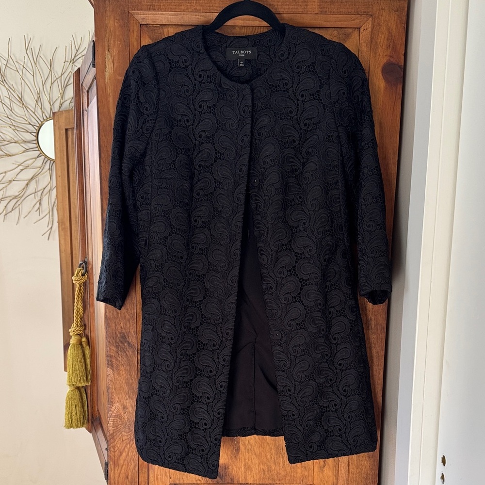 Talbots Black Lace Paisley Collarless Coat